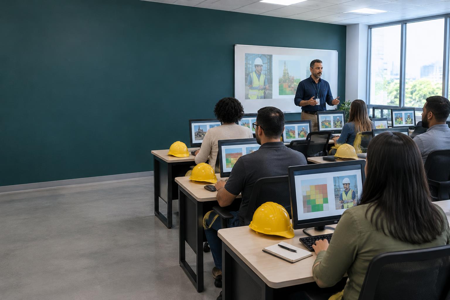 Profissionais em aula prática de gestão de riscos em laboratório de informática
